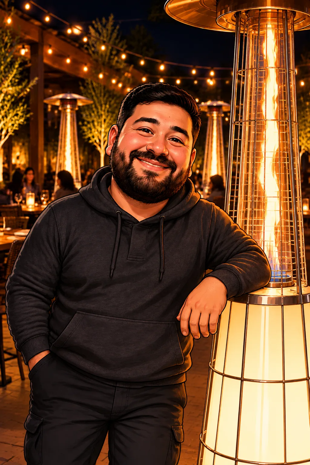 Animated portrait of Eric the Heater Guy leaning on a glowing patio heater at night